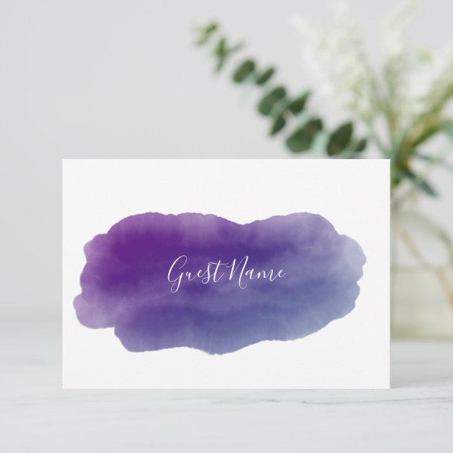 Purple watercolor guest name place card (Standing Front)