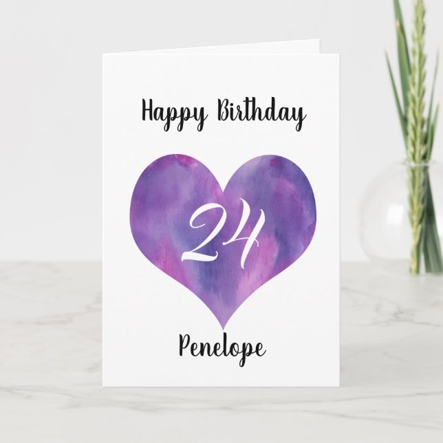 Purple Watercolor Heart 24th Birthday  Card (Front)