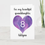 Purple Watercolor Heart 8th Birthday Card<br><div class="desc">A watercolor purple heart 8th birthday card for granddaughter, niece, daughter, etc. You will be able to easily personalise the front of this cute 8th birthday card with her name. The inside card message can also be edited if wanted. This would make a great personalised birthday card keepsake for her...</div>