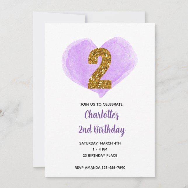 Purple Watercolor Heart Gold Glitter 2nd Birthday Invitation (Front)