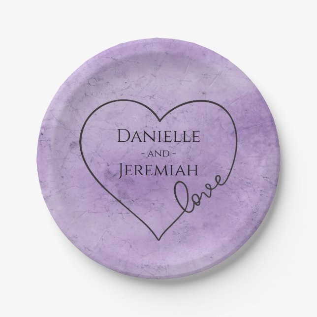 Purple Watercolor Heart Love Wedding Bridal Shower Paper Plate (Front)