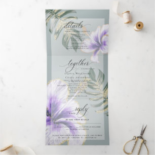 Purple Watercolor Hibiscus Floral Wedding Tri-Fold