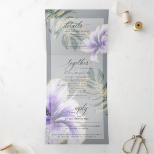 Purple Watercolor Hibiscus Floral Wedding Tri-Fold Invitation