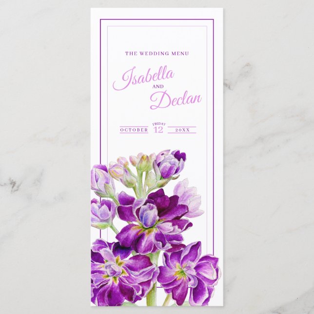 Purple watercolor hoary stock flowers wedding menu (Front)