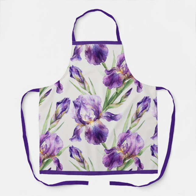 Purple Watercolor Iris Floral Botanical  Apron (Front)