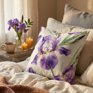 Purple Watercolor Iris Floral Botanical  Cushion