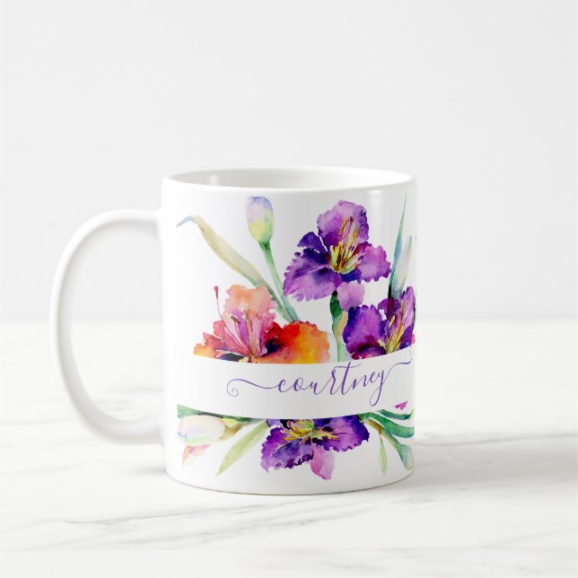 Purple watercolor Iris personalised Coffee Mug (Left)