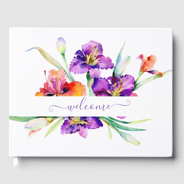 Purple watercolor Iris personalised  Guest Book (Front)