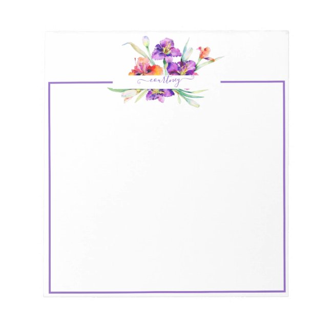 Purple watercolor Iris personalised  Notepad (Front)