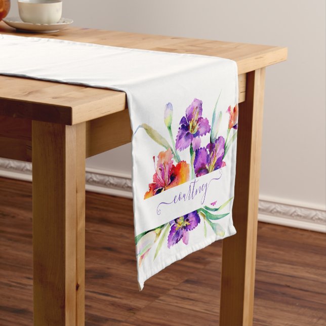 Purple watercolor Iris personalised  Short Table Runner (In Situ)
