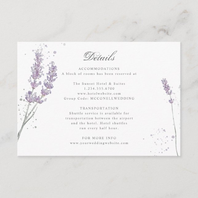 Purple watercolor lavender wedding details enclosure card (Front)
