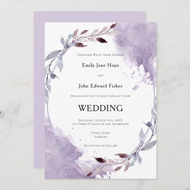 Purple Watercolor Leafy Border Wedding Invitation (Front/Back)