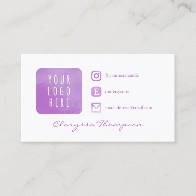 Purple Watercolor Logo Icons Photo Business Card (Front)