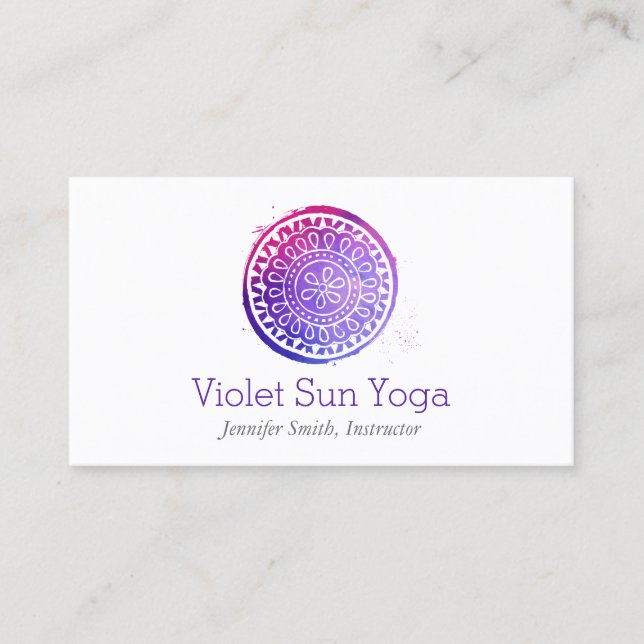 Purple Watercolor Mandala Yoga and Wellness Business Card (Front)