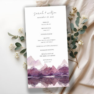 Purple Watercolor Mountain Lake Wedding Program Thank You Card