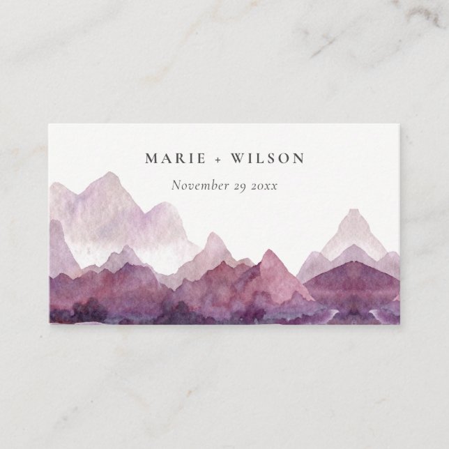 Purple Watercolor Mountain Lake Wedding Website Enclosure Card (Front)