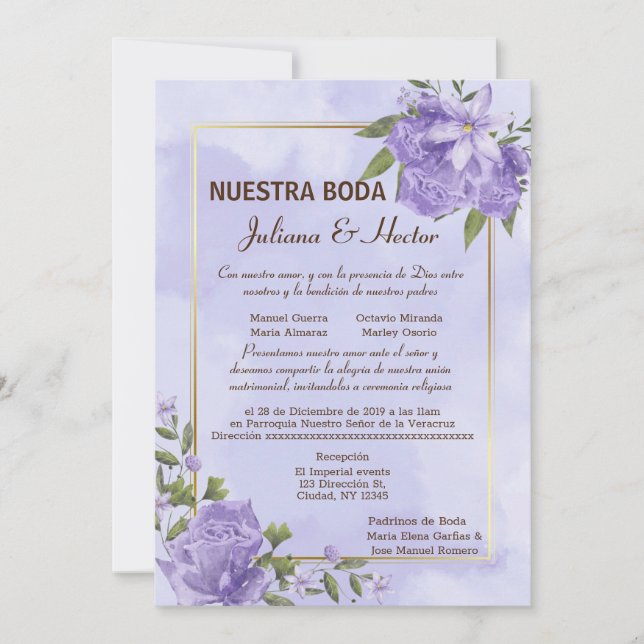 Purple Watercolor Nuestra Boda Invitation (Front)