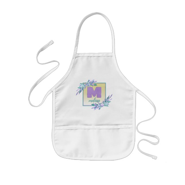 Purple Watercolor Ombre Mermaid Scales Monogram Kids Apron (Front)