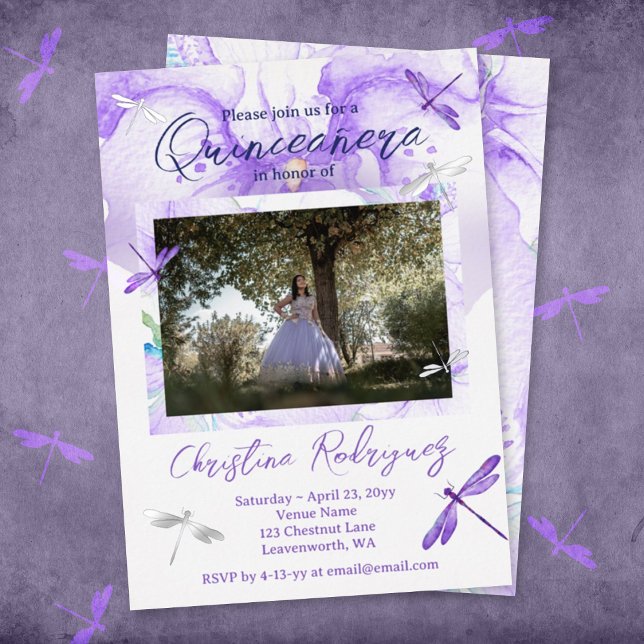 Purple Watercolor Orchid, Dragonfly Quinceanera (Purple mis quince anos, princess quinceanera, silver foil photo with script writing, dragonflies)