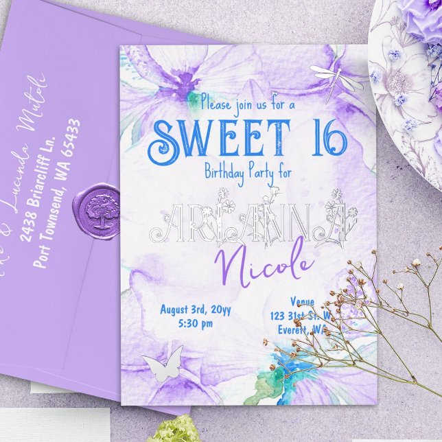 Purple Watercolor Orchids Sweet 16 (Purple and blue sweet sixteen 16 birthday party invitation, silver foil letters, botanical design)