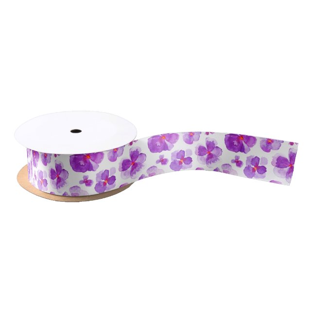 Purple watercolor pansy violas art ribbon satin ribbon (Spool)