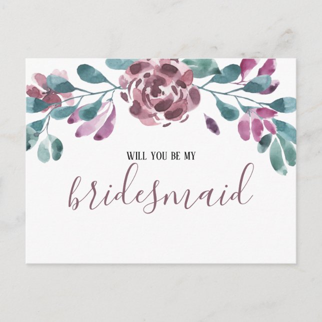 Purple Watercolor Peony Bridesmaid  Invitation (Front)
