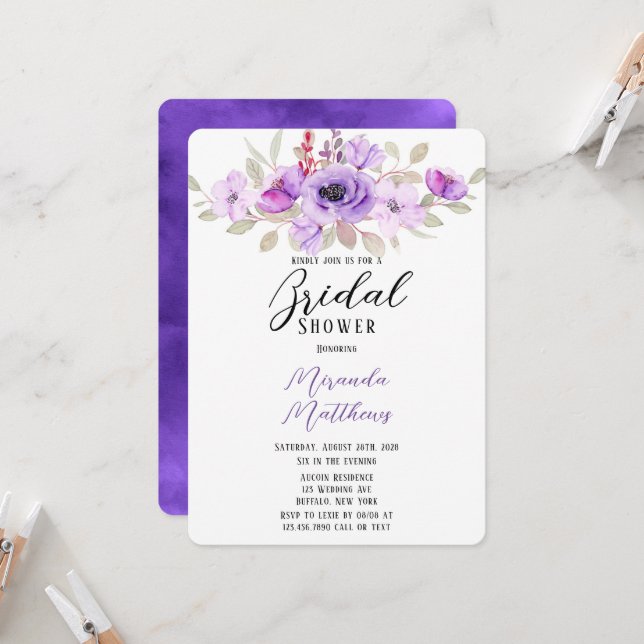 Purple Watercolor Peony Flowers Bridal Shower Invitation (Front/Back In Situ)