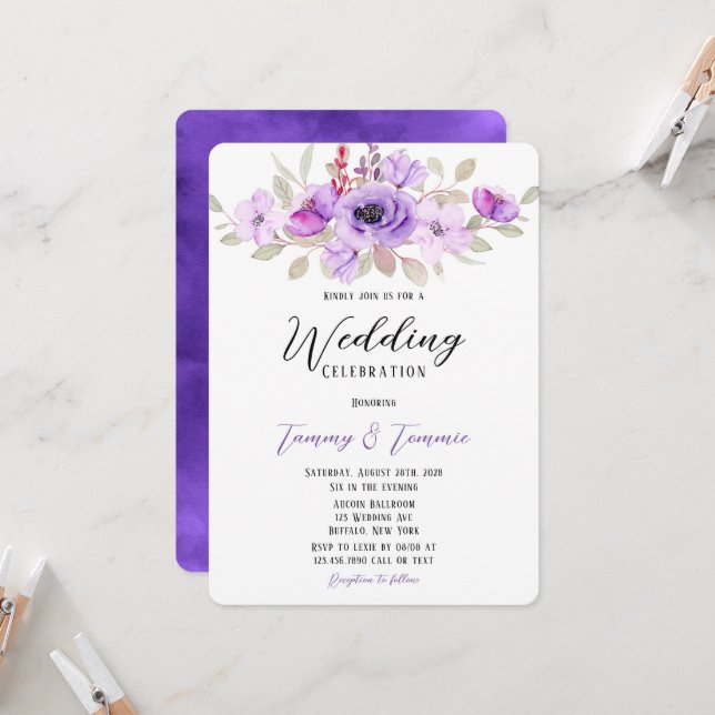 Purple Watercolor Peony Flowers Wedding Shower Inv Invitation (Front/Back In Situ)