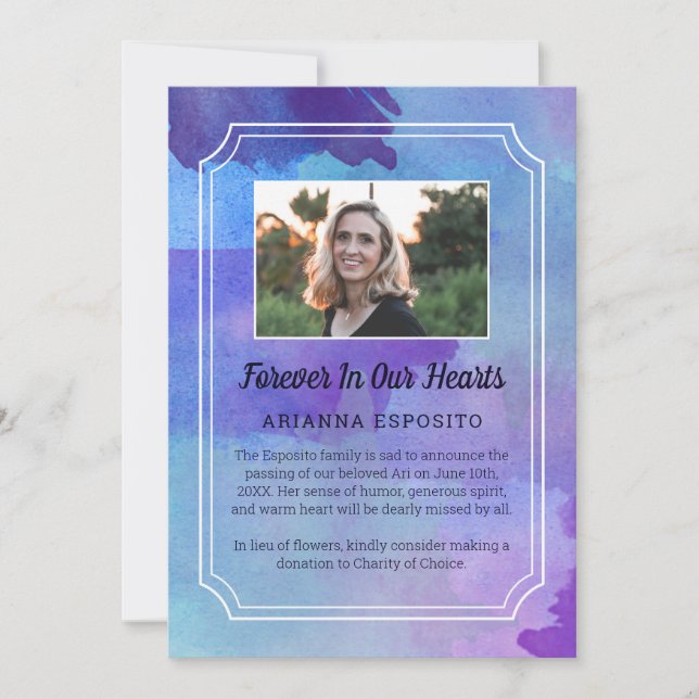 Purple Watercolor Photo Memorial Announcement (Front)