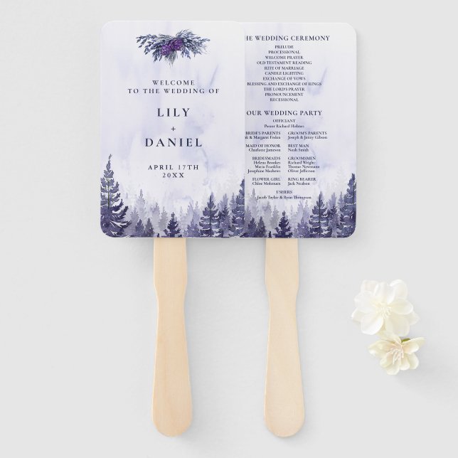Purple Watercolor Pine Forest Wedding Program Hand Fan (Front and Back)