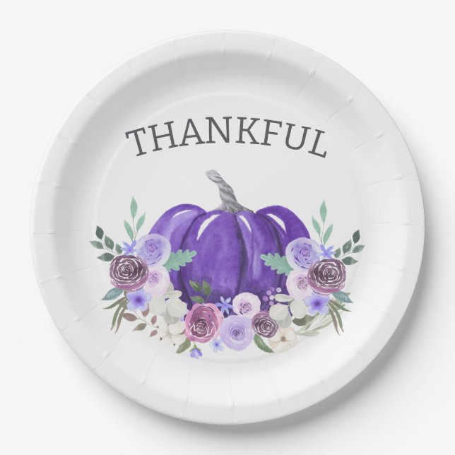 Purple Watercolor Pumpkin Floral Paper Plate (Front)