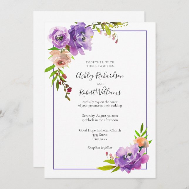 Purple Watercolor Purple Floral Wedding Invitation (Front/Back)