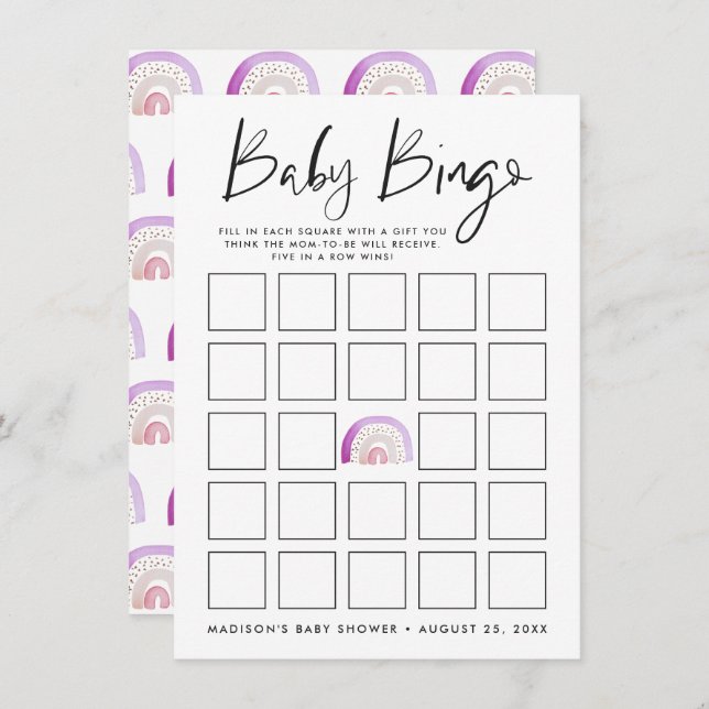 Purple Watercolor Rainbow Baby Shower Bingo Card (Front/Back)