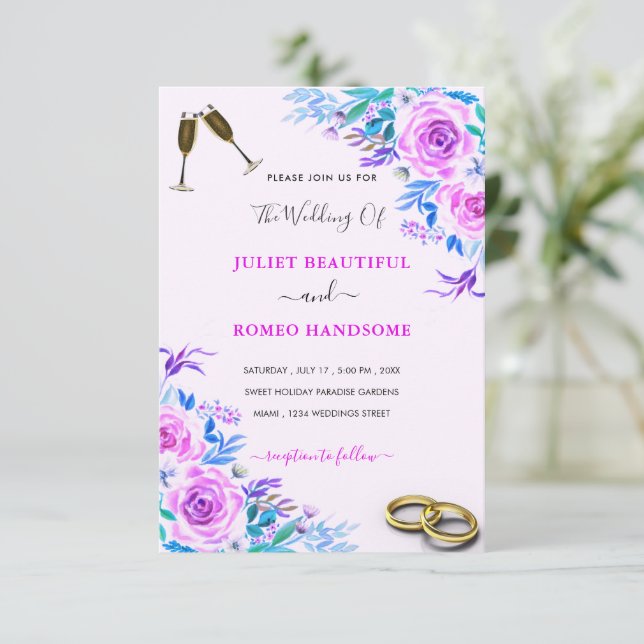 Purple Watercolor Rose Wedding Invitation Template (Standing Front)