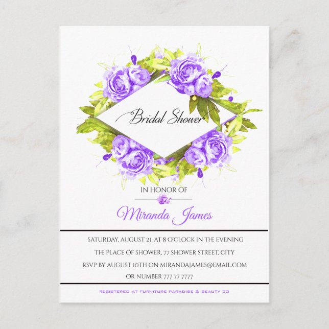 Purple Watercolor Roses Arrangement Bridal Shower Invitation Postcard (Front)