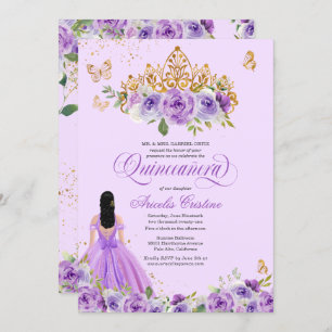 Purple Watercolor Roses Butterflies Quinceañera Invitation