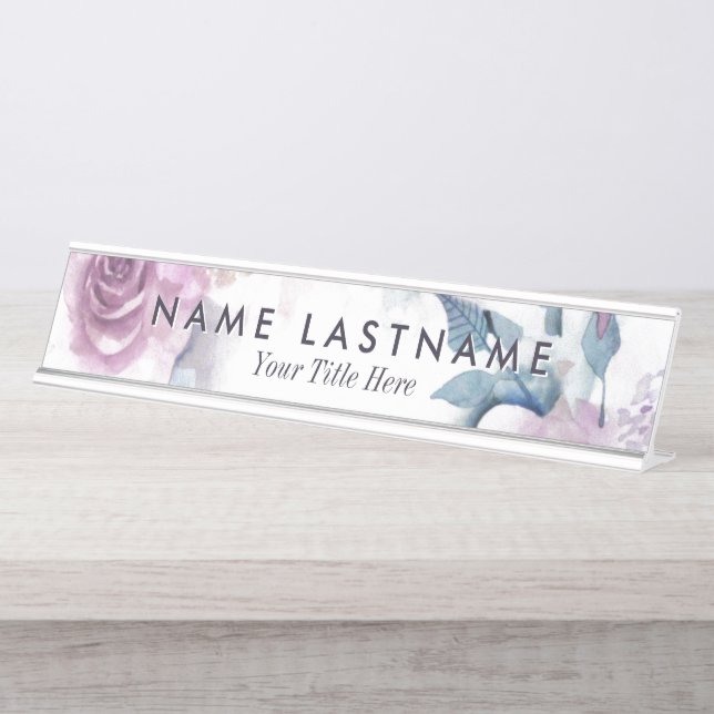 Purple Watercolor Roses Custom Desk Nameplate (Front)