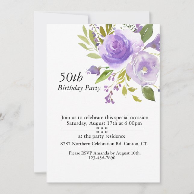 Purple Watercolor Roses,Customisable 50th Birthday Invitation (Front)