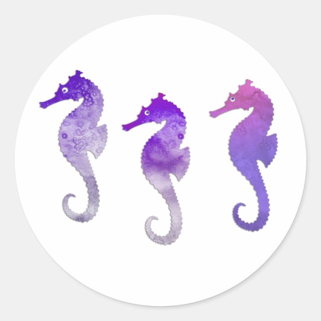 Purple Watercolor Seahorses Classic Round Sticker (Front)