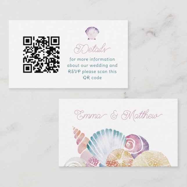 Purple Watercolor Seashell QR Code Wedding  Enclosure Card (Front/Back)