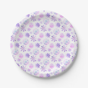 Purple Watercolor Snowflake Christmas Design Paper Plate