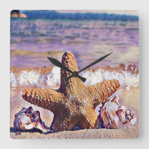 Purple Watercolor Starfish Seashells Painting  Lum Square Wall Clock