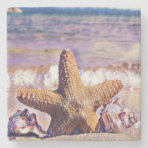 Purple Watercolor Starfish Seashells Painting Stone Coaster