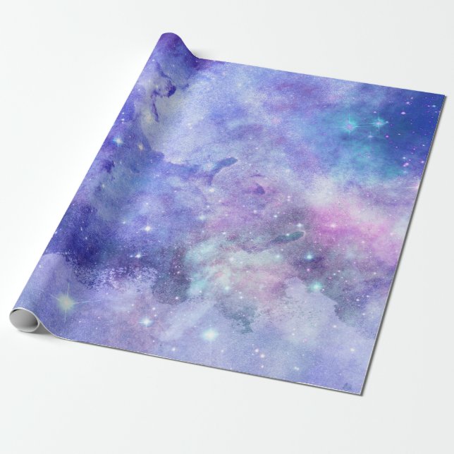 Purple Watercolor Starry Sky Space Lover Galaxy Wrapping Paper (Unrolled)