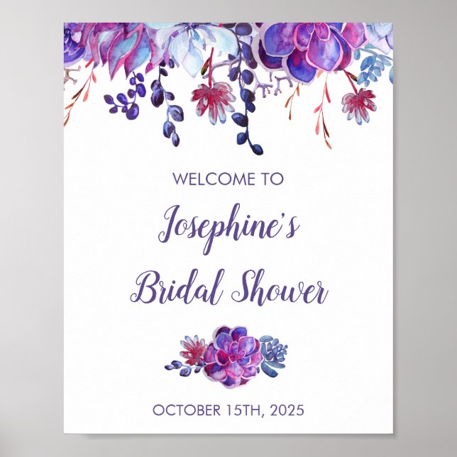 Purple Watercolor Succulents Foliage Bridal Shower Poster (Front)