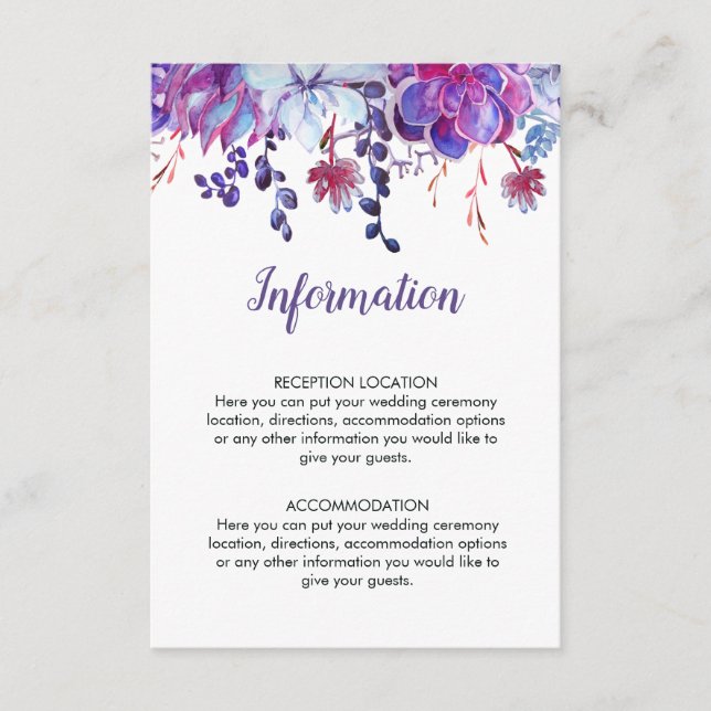 Purple Watercolor Succulents Wedding Information Enclosure Card (Front)