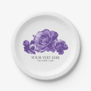 Purple Watercolor Vintage Roses Elegant Wedding Paper Plate