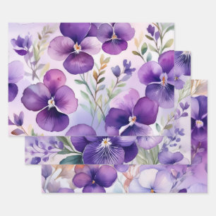 Purple Watercolor Violets Floral Elegant Wrapping Paper Sheet