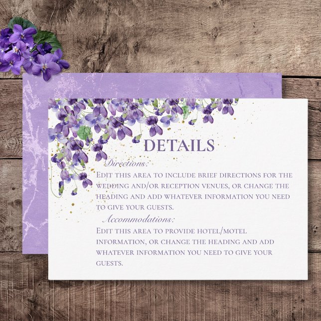 Purple Watercolor Violets Wedding Details Enclosure Card (Rustic Purple Violets Gold Sparkle Wedding Details Card)