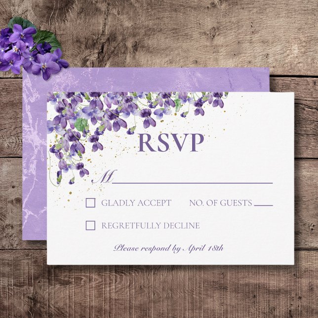 Purple Watercolor Violets Wedding RSVP Card (Rustic Purple Violets Gold Sparkle Wedding Response Card)